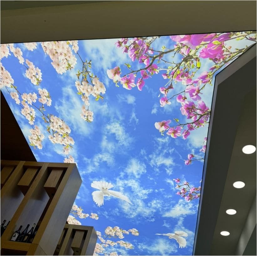 Hinterleuchtete Motivdecke mit Himmel, Tauben und Blumen