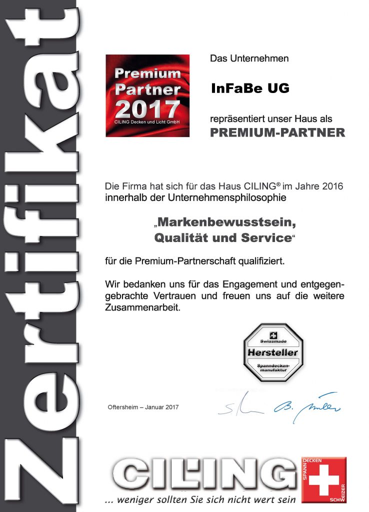 Zertifikat CILING Premium-Partner 2017 Infabe